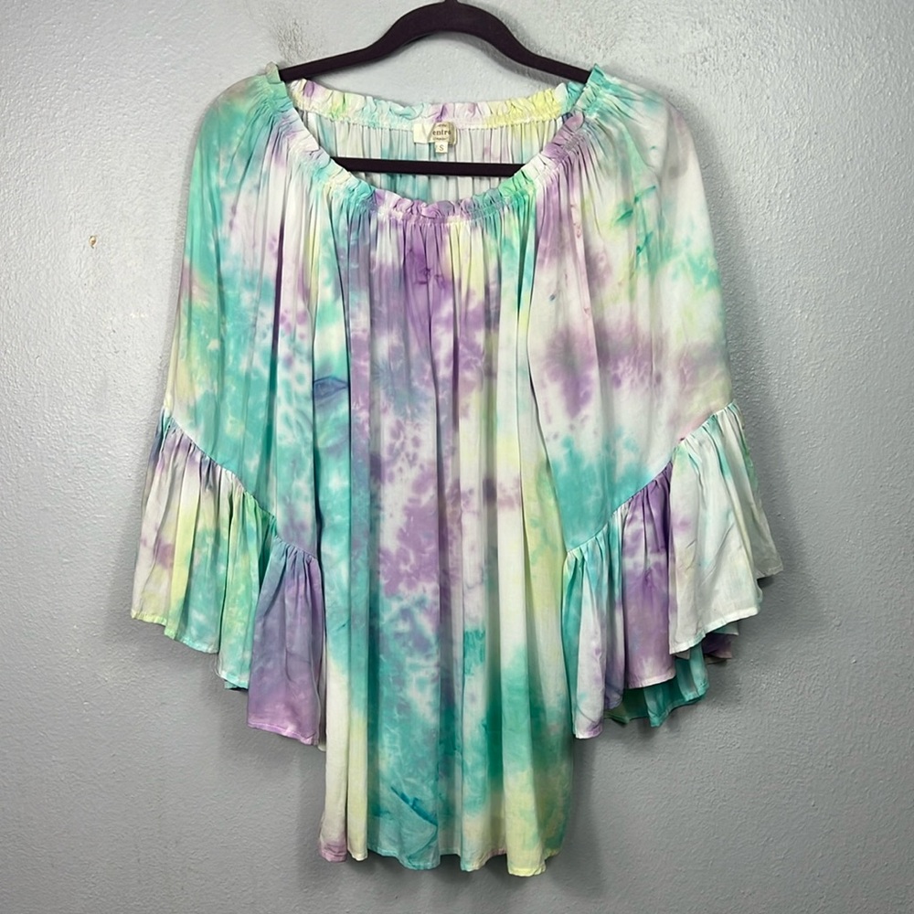 Entro Pastel Tie Dye Ruffle 3/4 Sleeve Elastic Neckline Tunic Top Small
